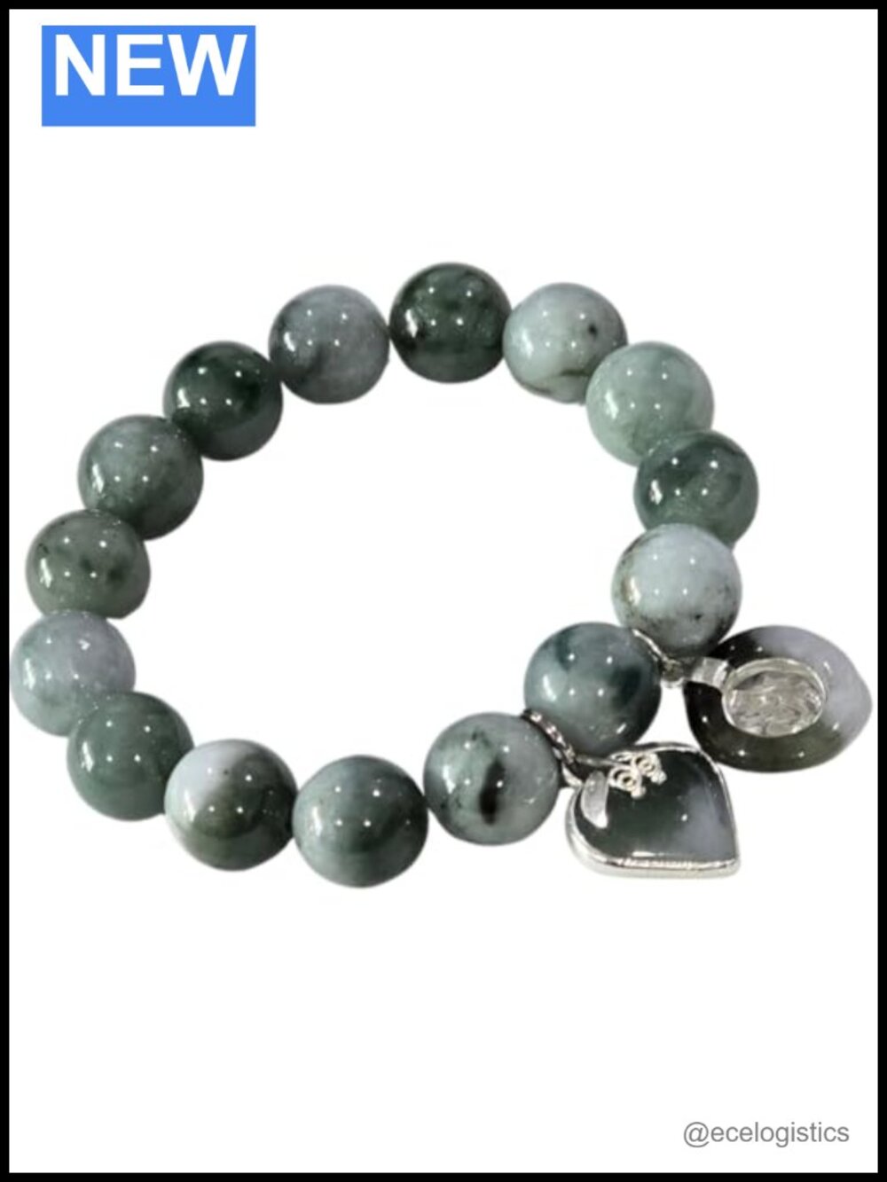 Natural Green Jade Bracelet 13.7mm Beads Elastic 6.5" Wrist Mala Heart Charm